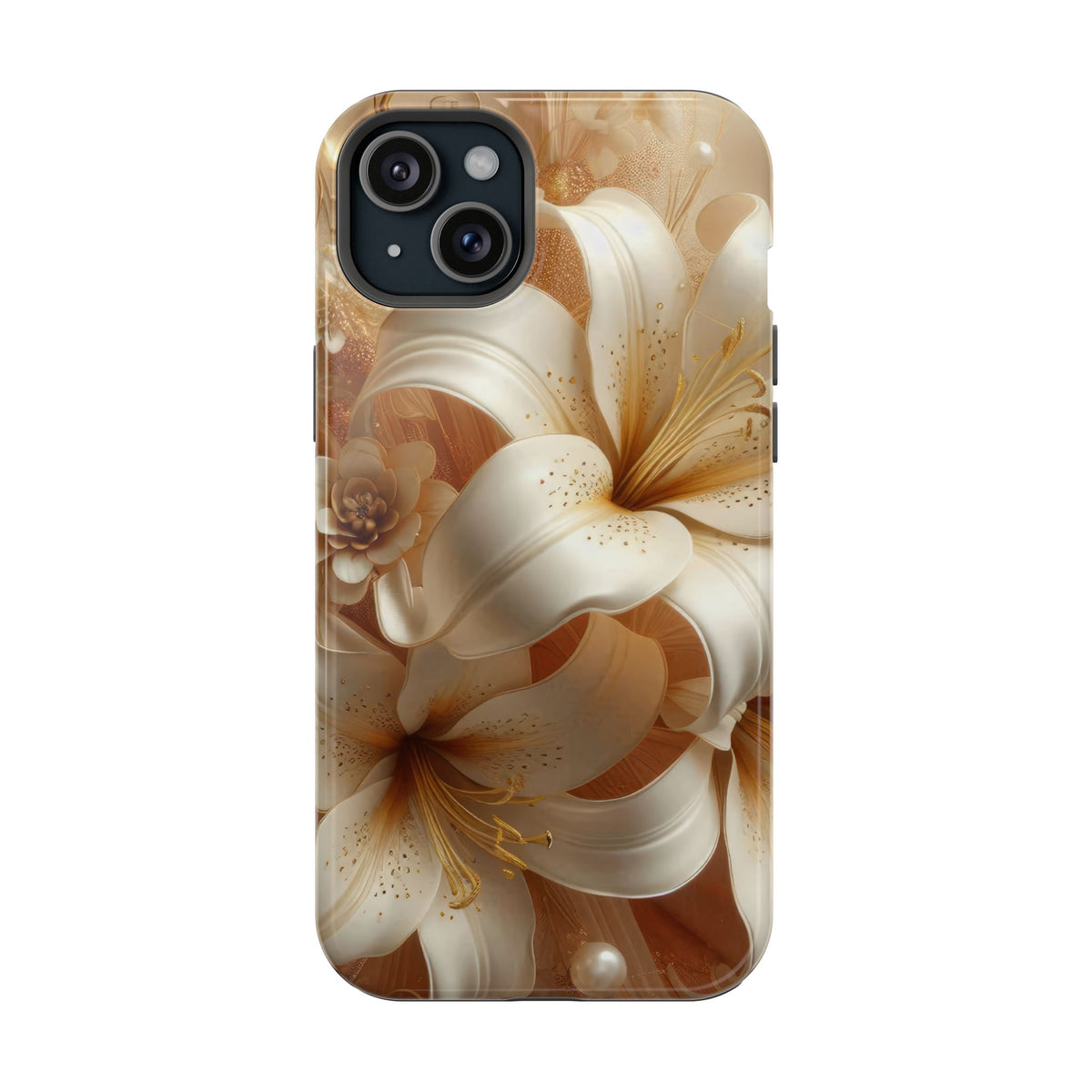 Golden Lily protective phone case for iPhone 15 Plus, glossy finish