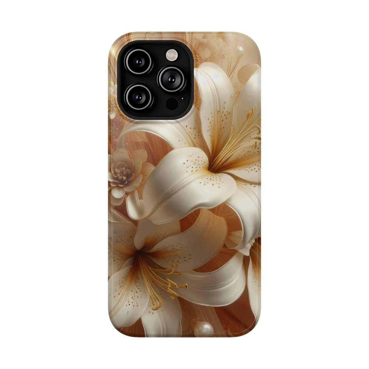 Golden Lily protective phone case for iPhone 14 Pro Max, glossy finish
