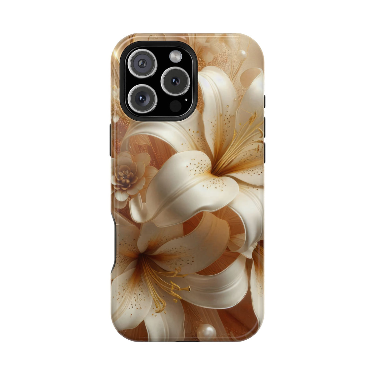 Golden Lily protective phone case for iPhone 16 Pro Max, glossy finish