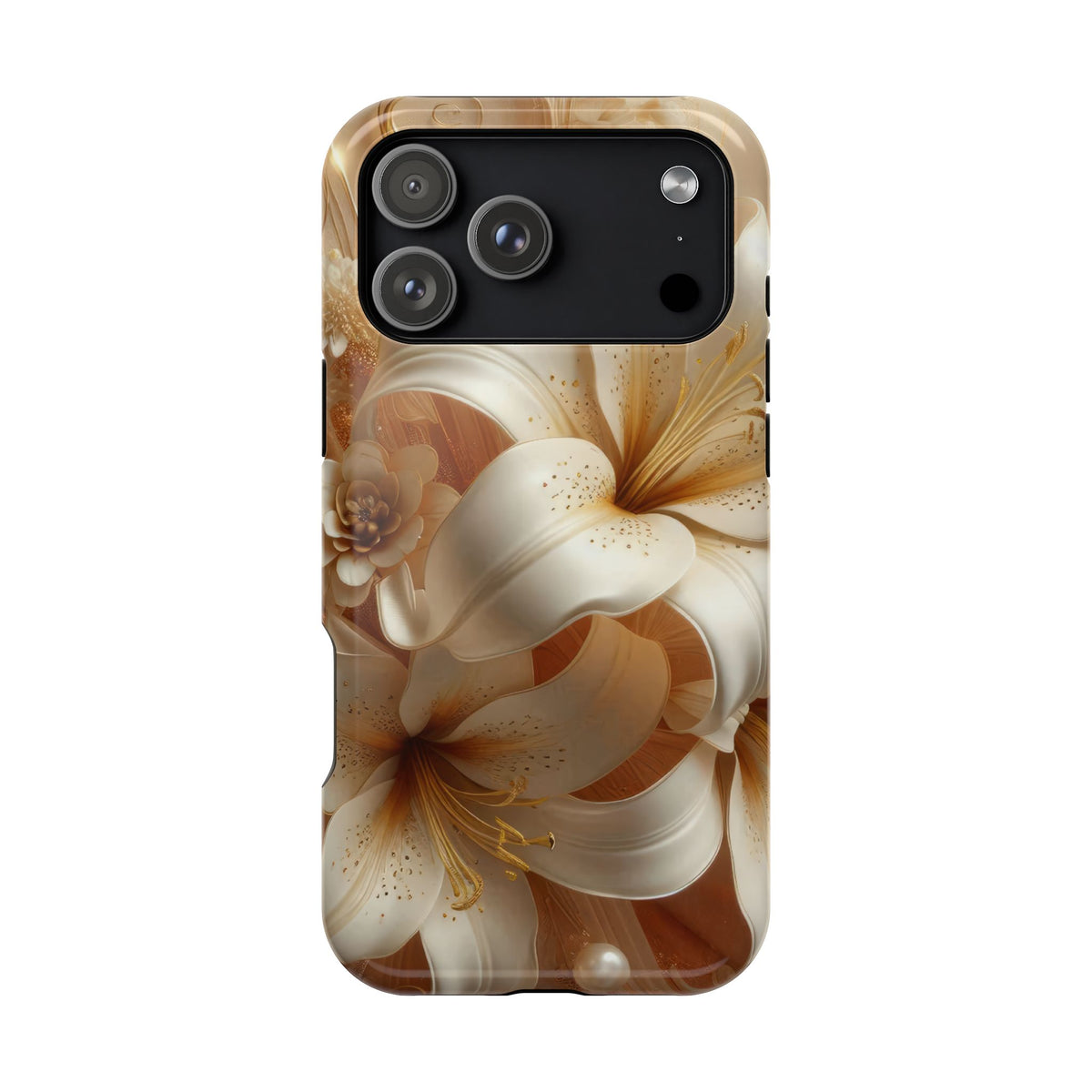 Golden Lily protective phone case for iPhone 18 Pro Max, glossy finish