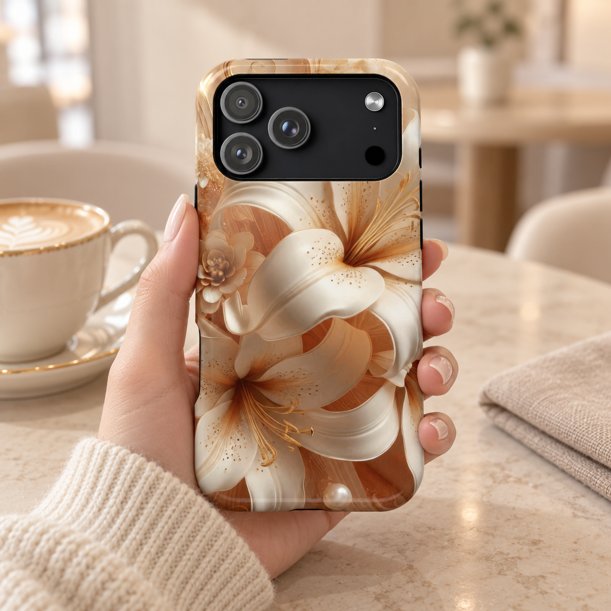 Golden Lily protective phone case, cream and gold lilies, lifestyle photo in hand with coffee