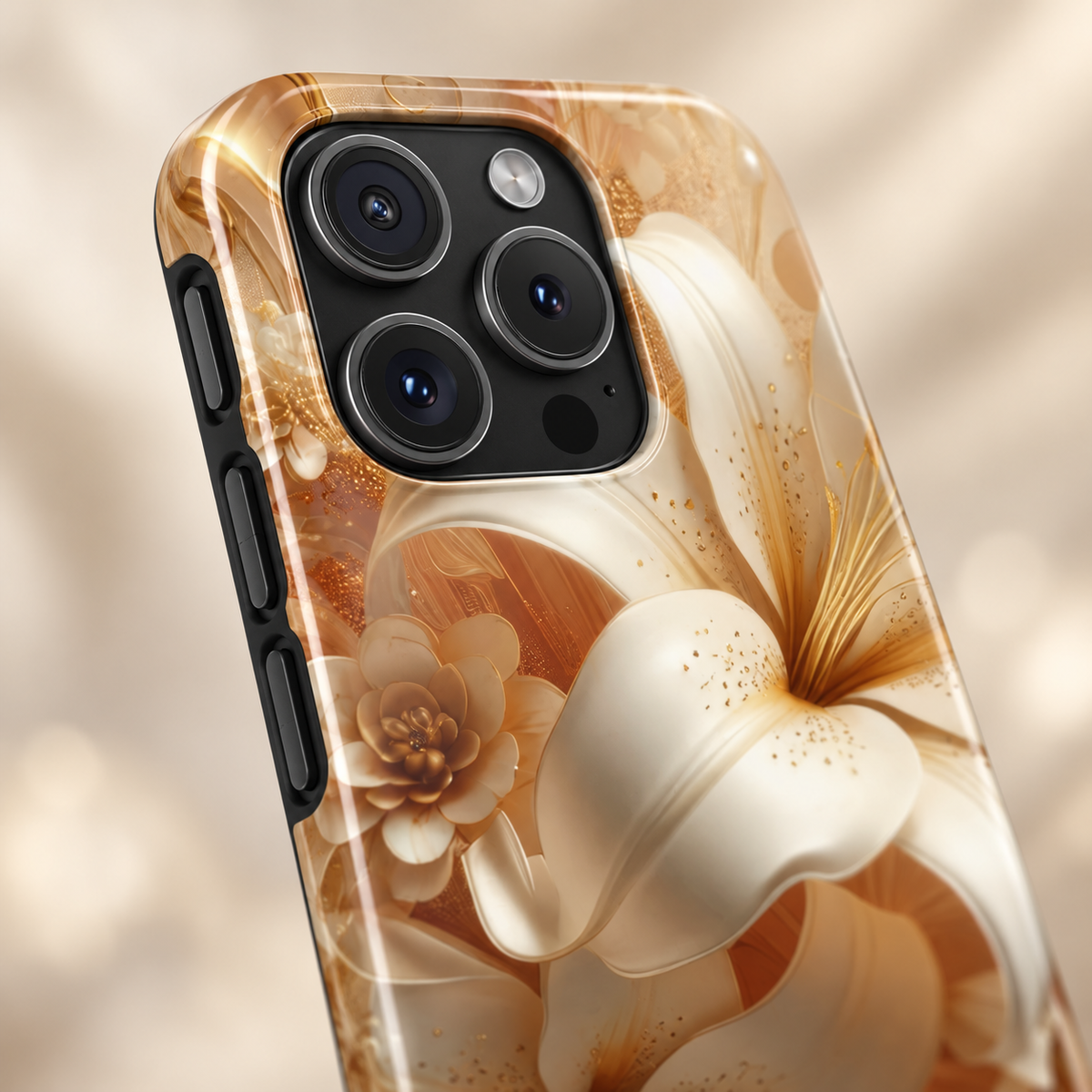 Golden Lily protective phone case, cream and gold lilies, lifestyle close-up of the camera