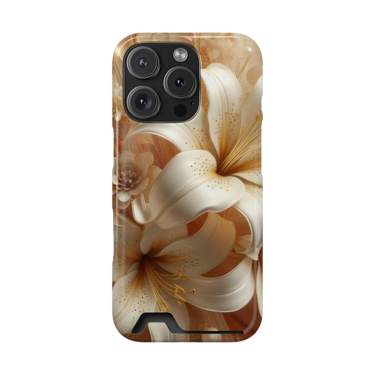 Golden Lily phone case with card holder for iPhone 16 Pro, glossy finish