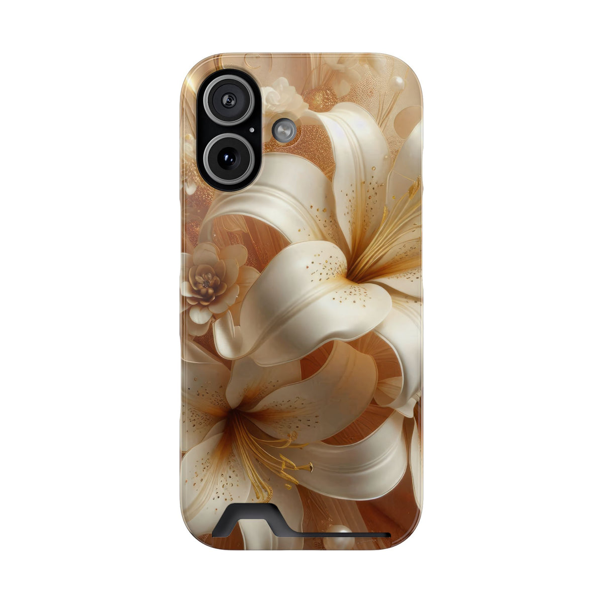 Golden Lily phone case with card holder for iPhone 17, glossy finish