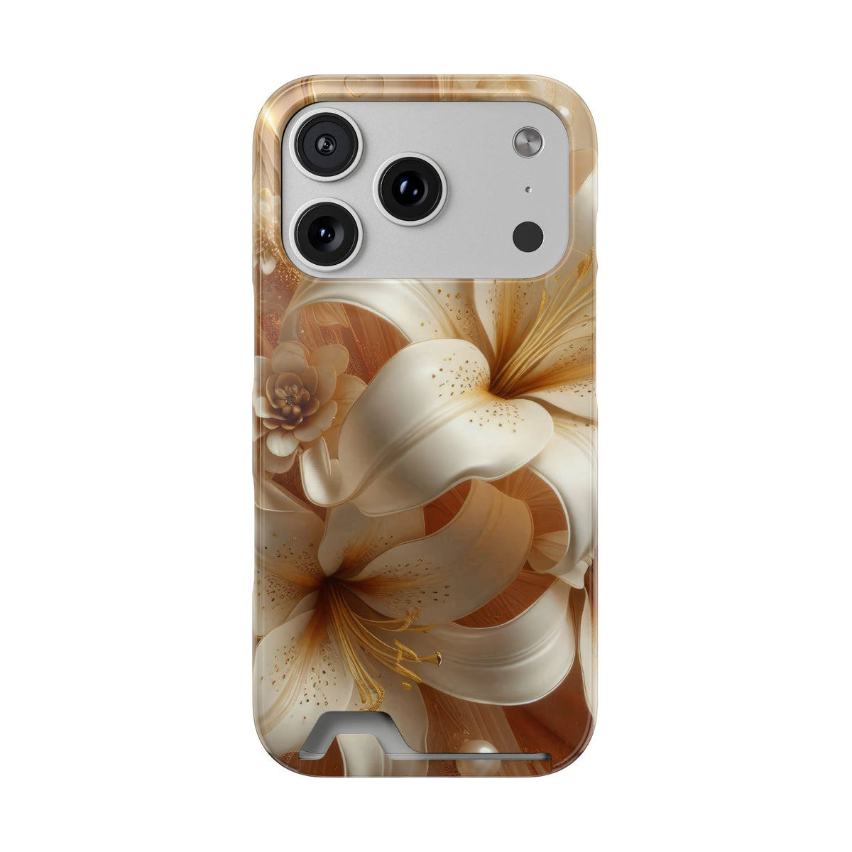 Golden Lily phone case with card holder for iPhone 17 Pro, glossy finish