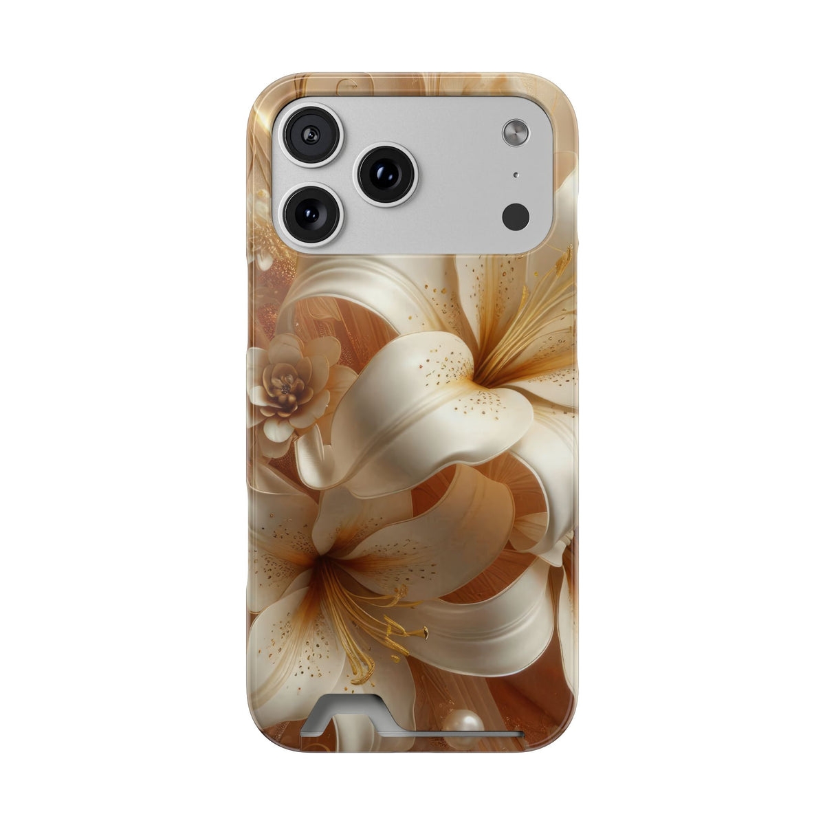 Golden Lily phone case with card holder for iPhone 17 Pro Max, glossy finish