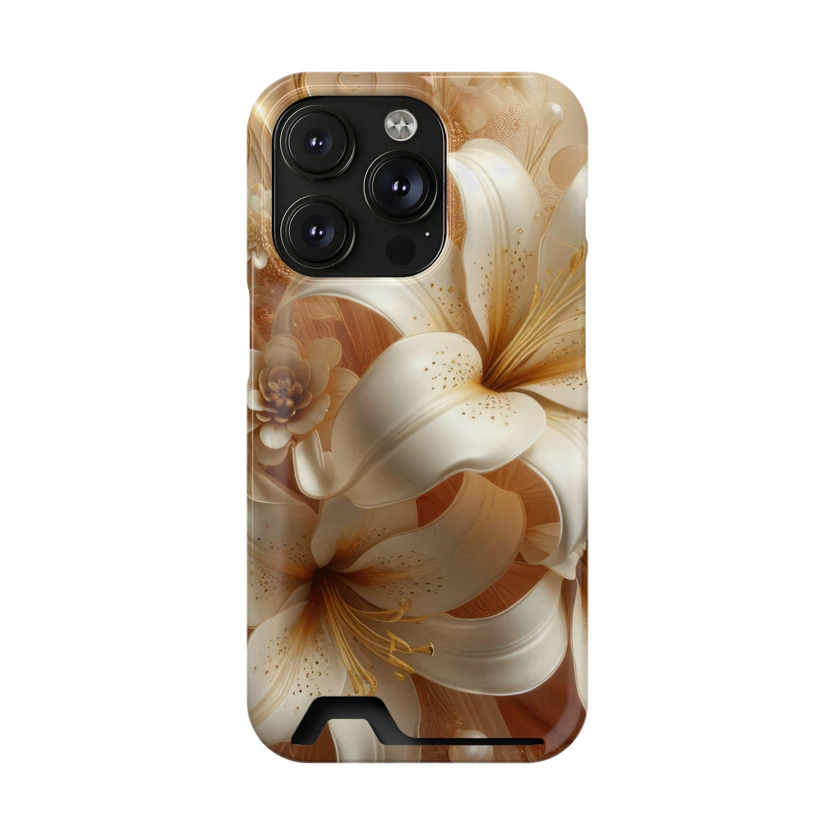 Golden Lily phone case with card holder for iPhone 14 Pro, glossy finish