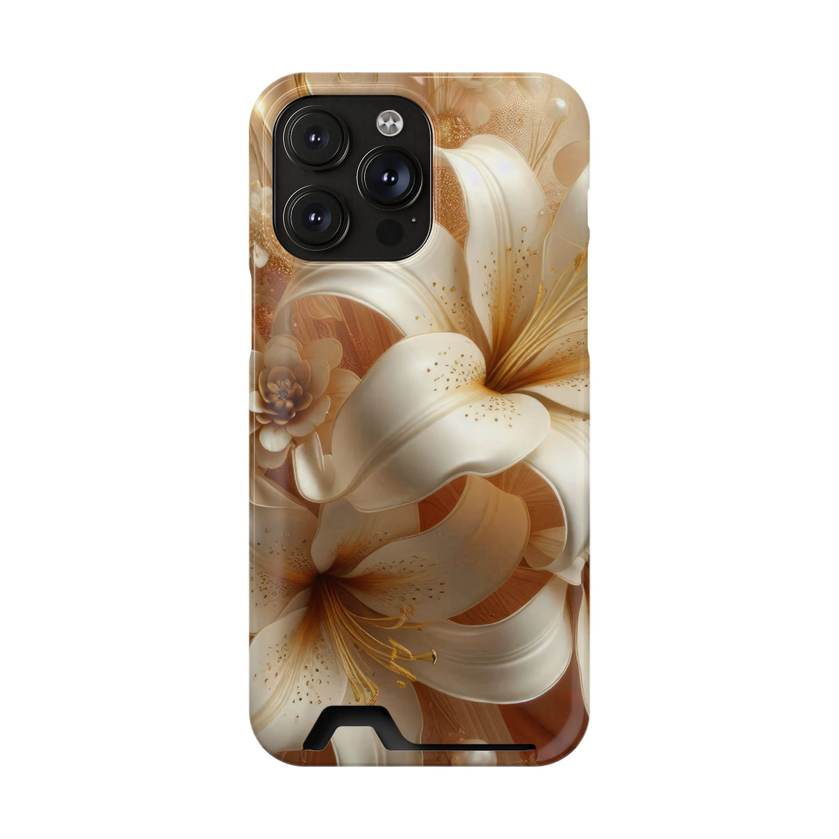 Golden Lily phone case with card holder for iPhone 14 Pro Max, glossy finish