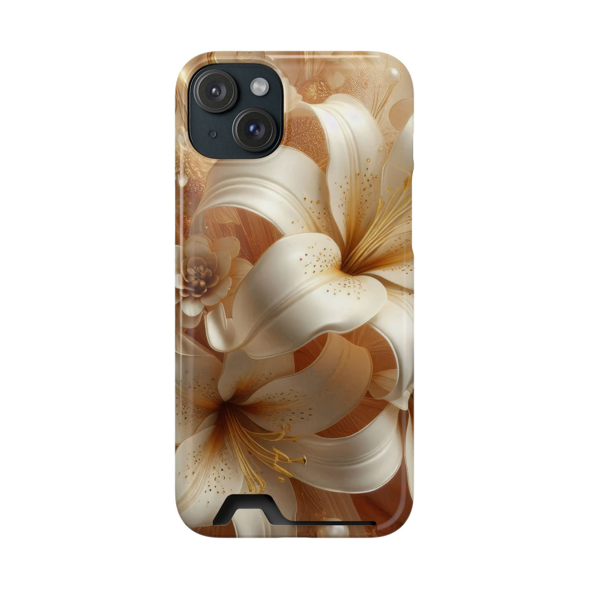Golden Lily phone case with card holder for iPhone 15 Plus, glossy finish
