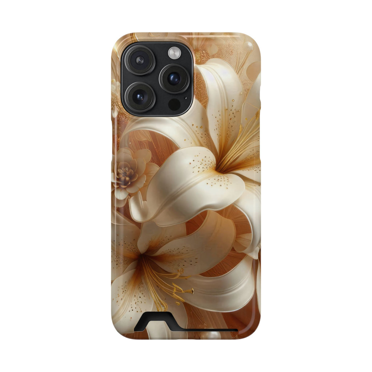 Golden Lily phone case with card holder for iPhone 15 Pro Max, glossy finish