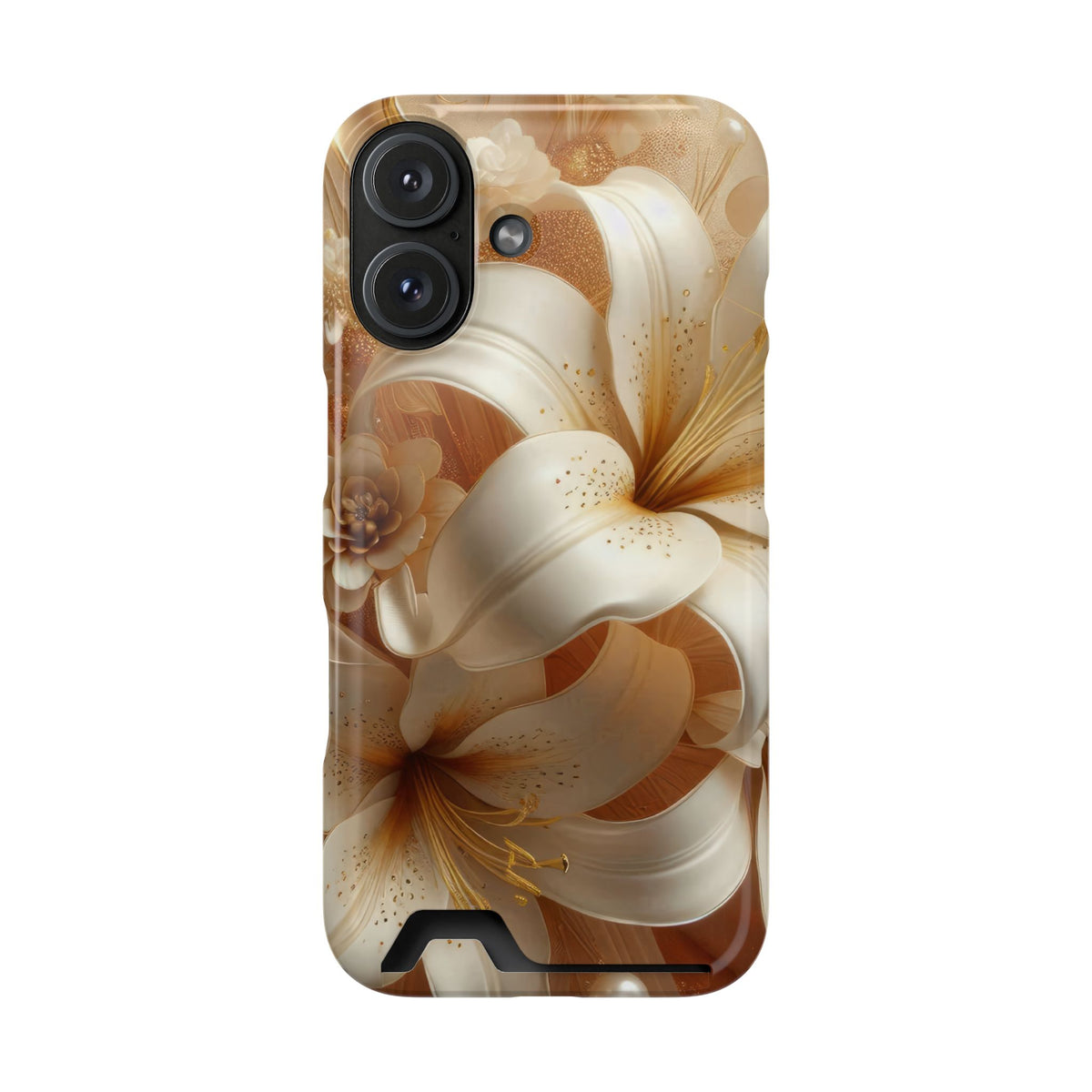 Golden Lily phone case with card holder for iPhone 16, glossy finish