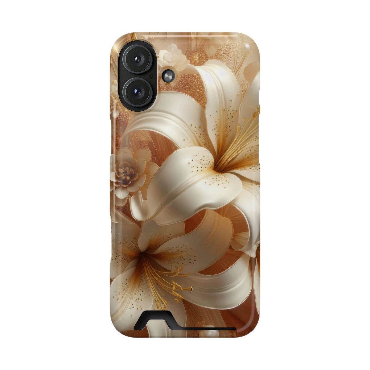 Golden Lily phone case with card holder for iPhone 16 Plus, glossy finish