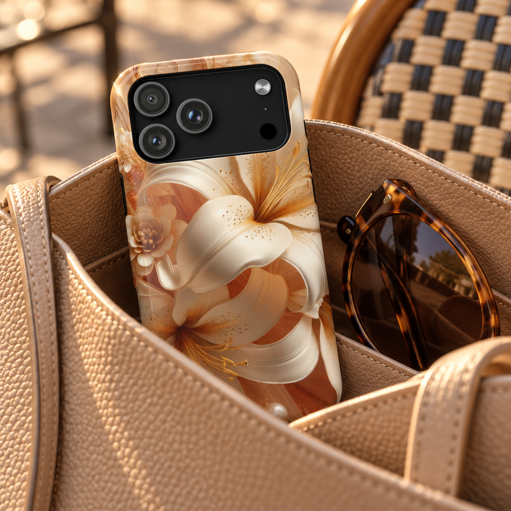 Golden Lily phone case with card holder, cream and gold lilies, lifestyle photo in a handbag