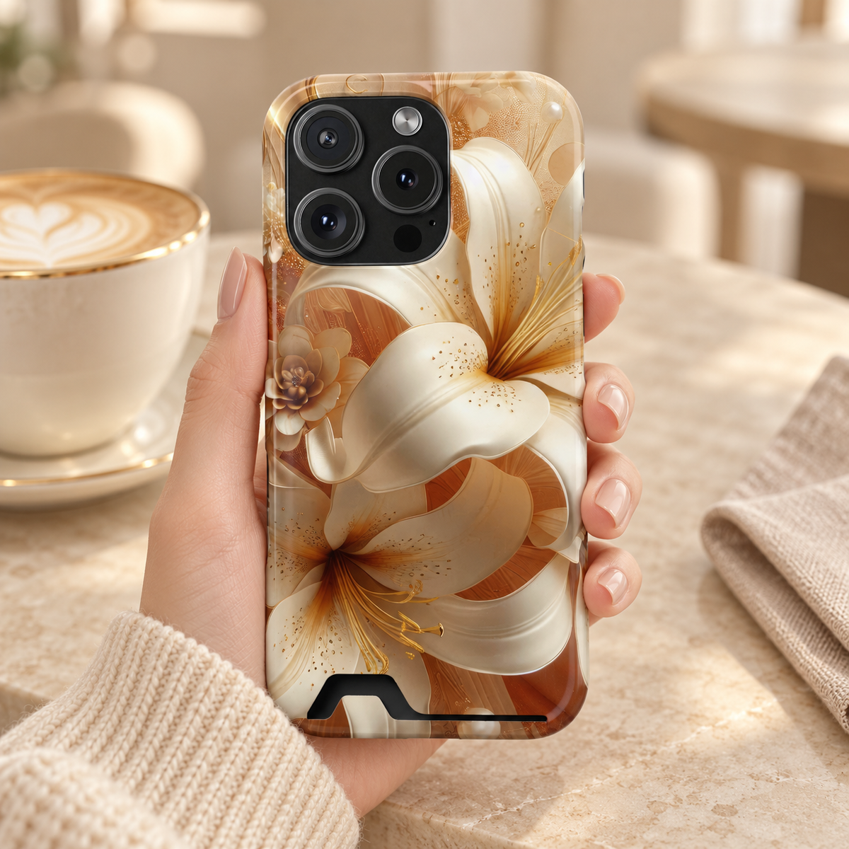 Golden Lily phone case with card holder, cream and gold lilies, lifestyle photo in hand with coffee