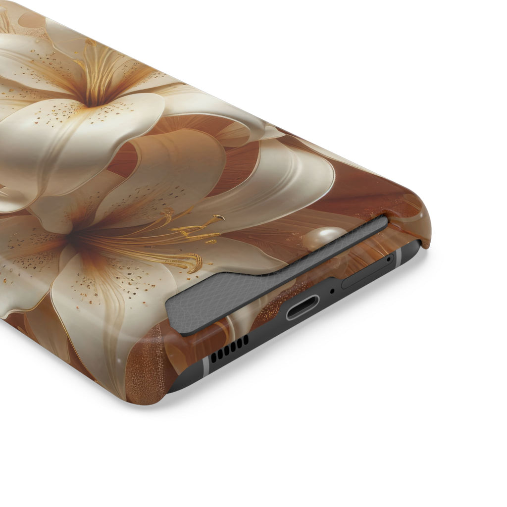 Golden Lily phone case with card holder, close-up of the card slot
