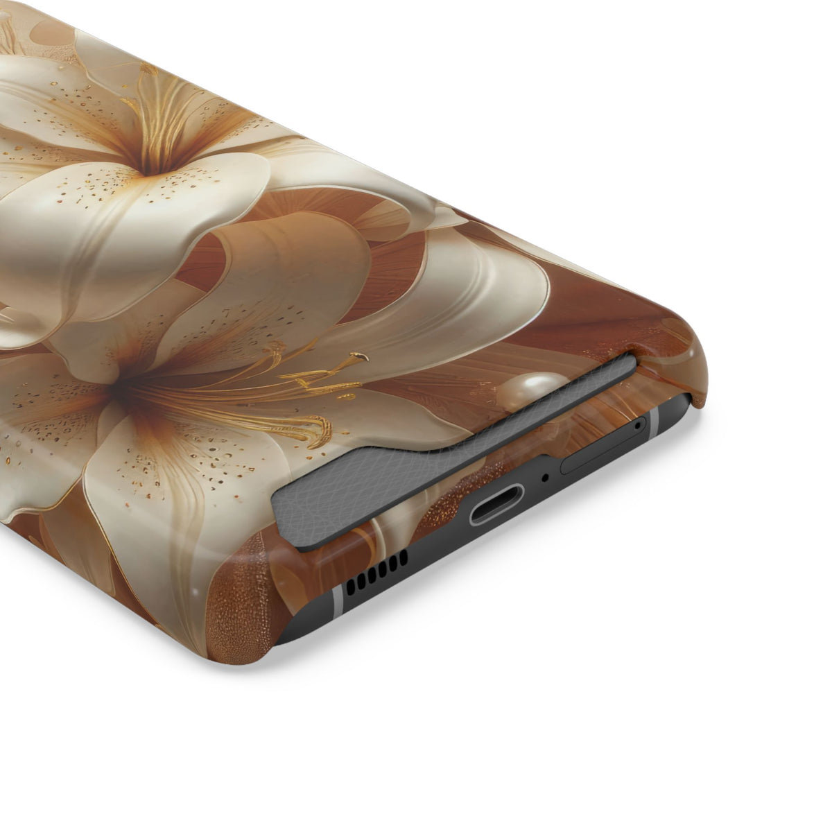 Golden Lily phone case with card holder, close-up of the card slot