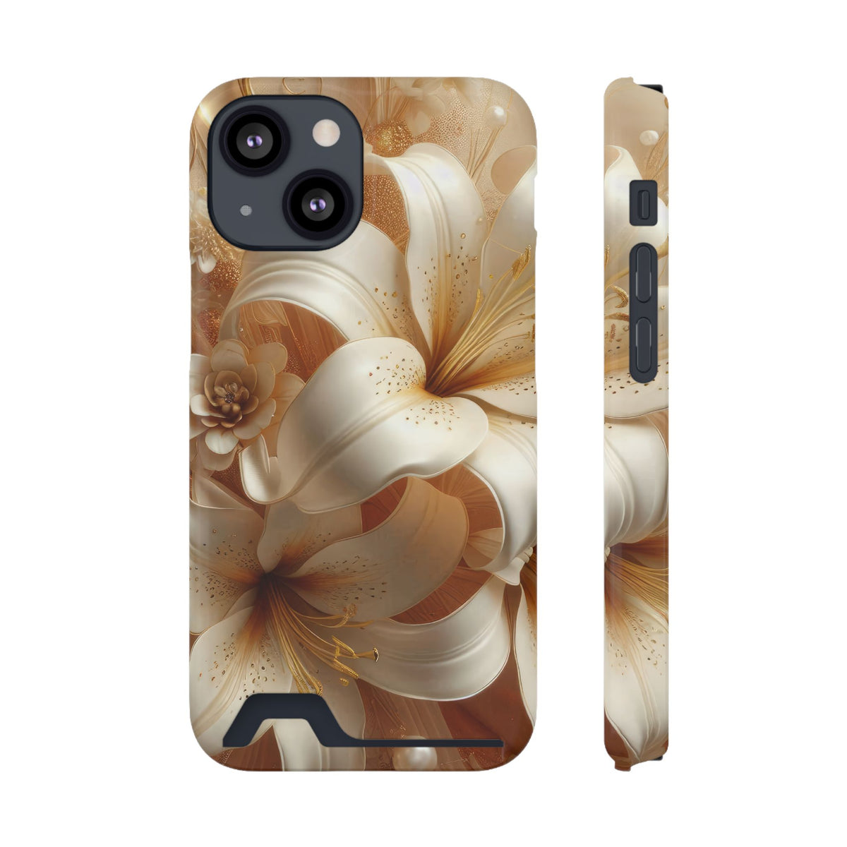Golden Lily phone case with card holder for iPhone 13 Mini, glossy finish