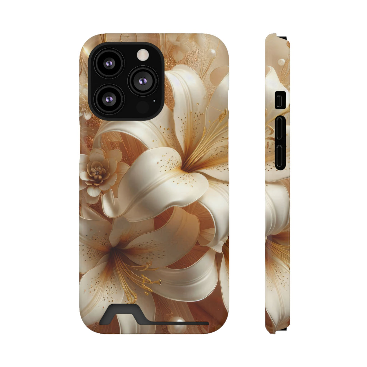Golden Lily phone case with card holder for iPhone 13 Pro, glossy finish