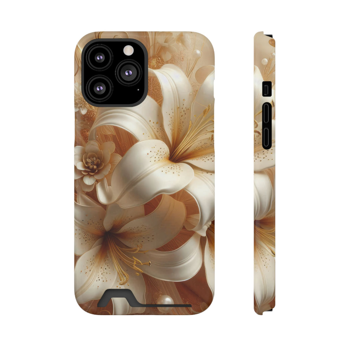 Golden Lily phone case with card holder for iPhone 13 Pro Max, glossy finish