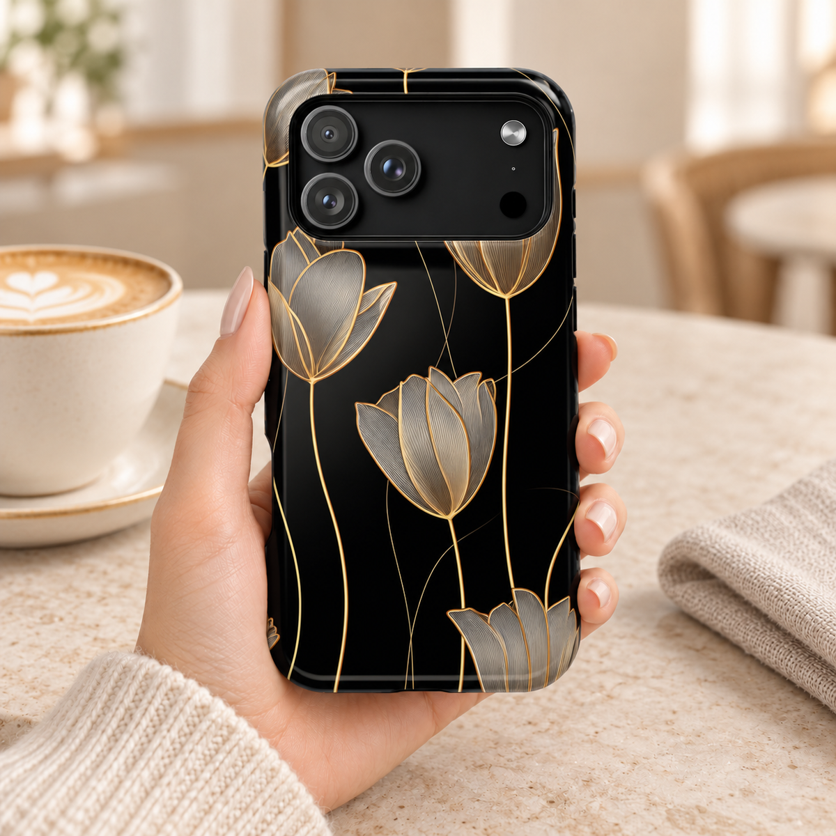 Golden Tulip protective phone case, golden line-art tulips on black, lifestyle photo in hand with coffee