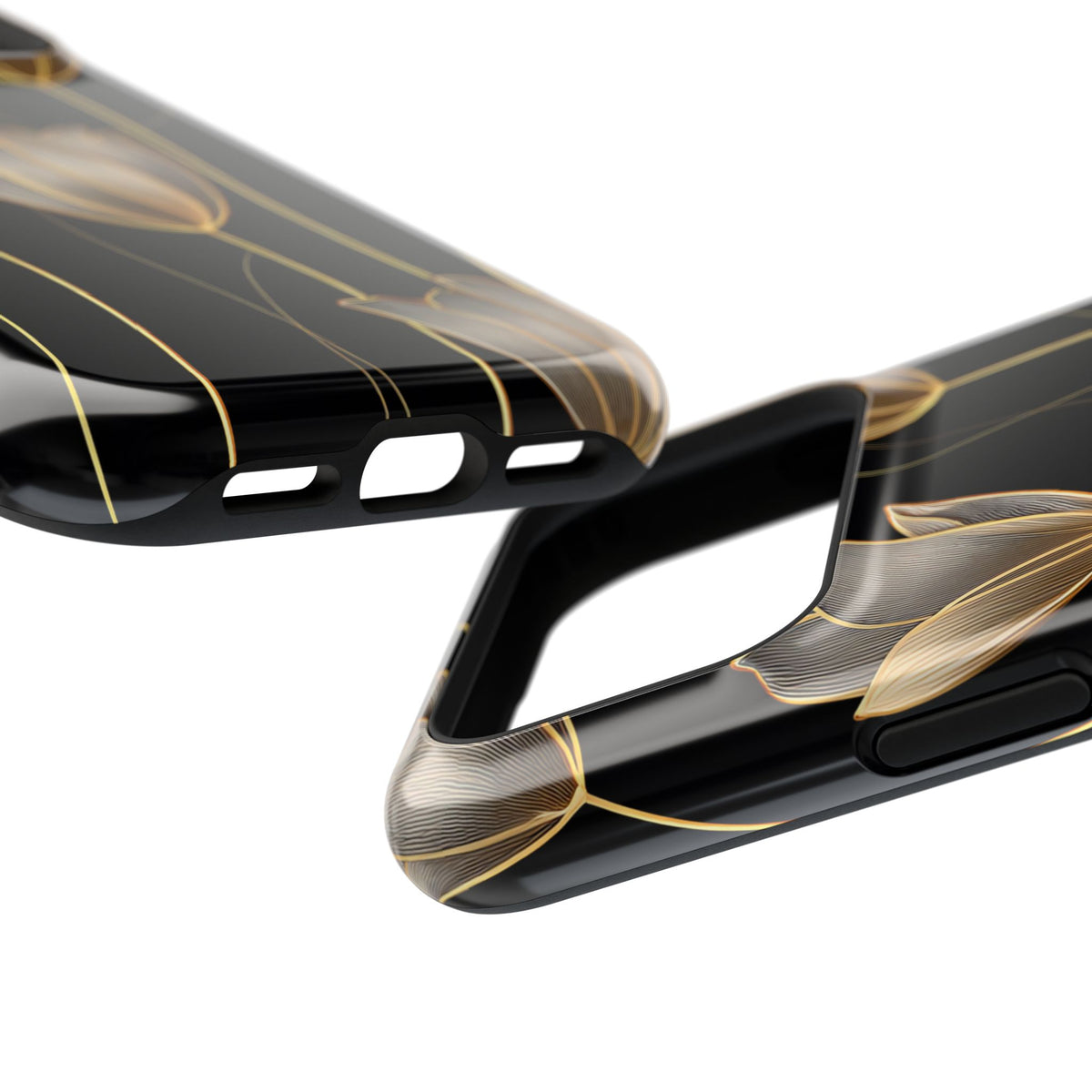 Golden Tulip protective phone case, close-up at an angle