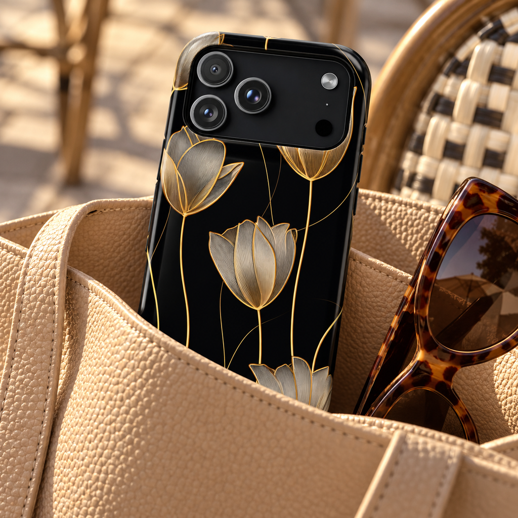 Golden Tulip MagSafe case, golden line-art tulips on black, lifestyle photo in a handbag