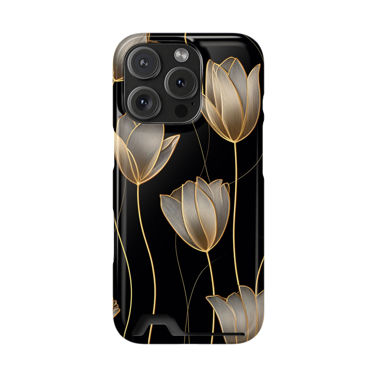 Golden Tulip phone case with card holder for iPhone 16 Pro, glossy finish