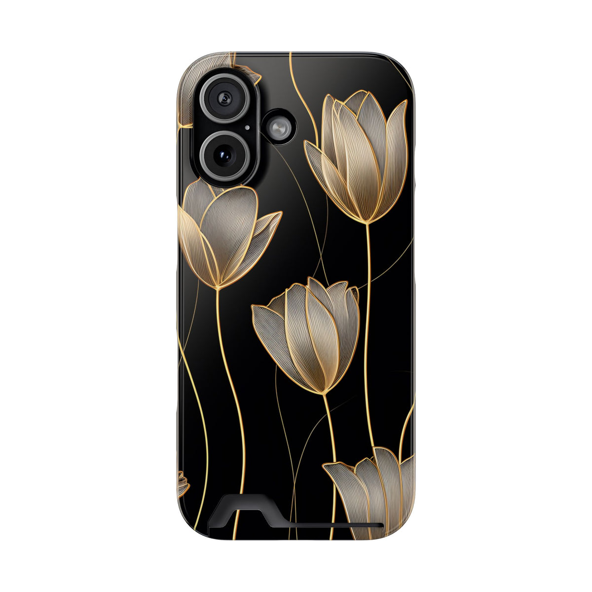 Golden Tulip phone case with card holder for iPhone 17, glossy finish