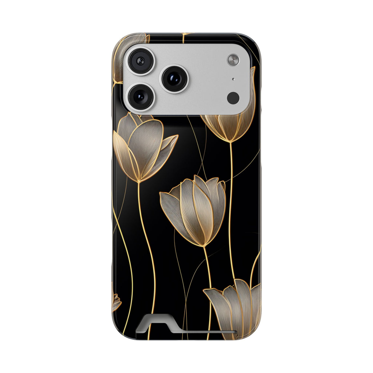 Golden Tulip phone case with card holder for iPhone 17 Pro Max, glossy finish