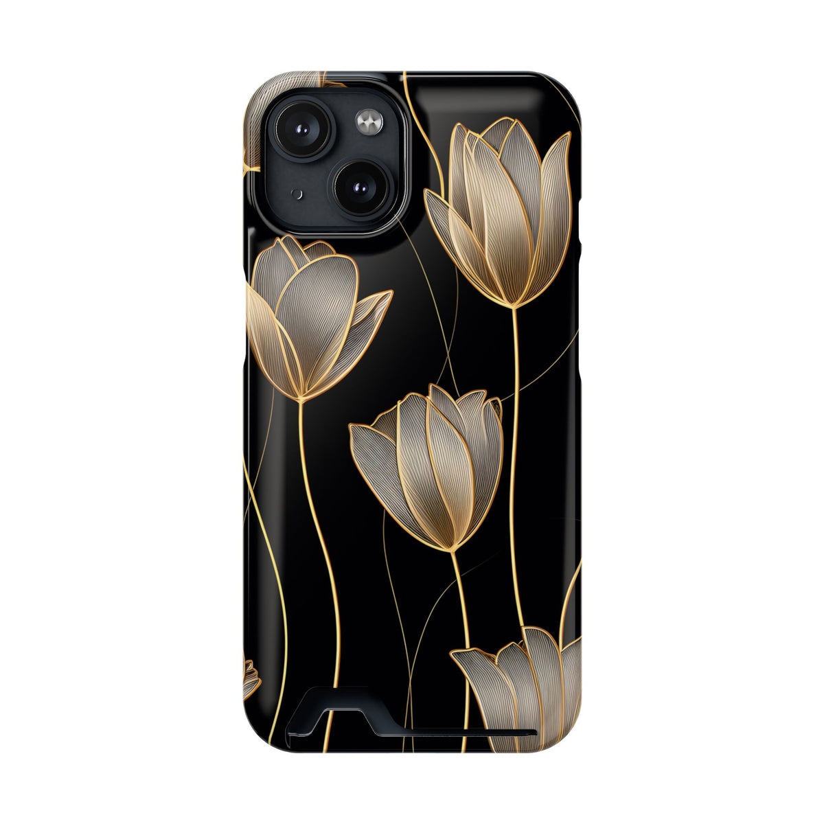 Golden Tulip phone case with card holder for iPhone 14, glossy finish