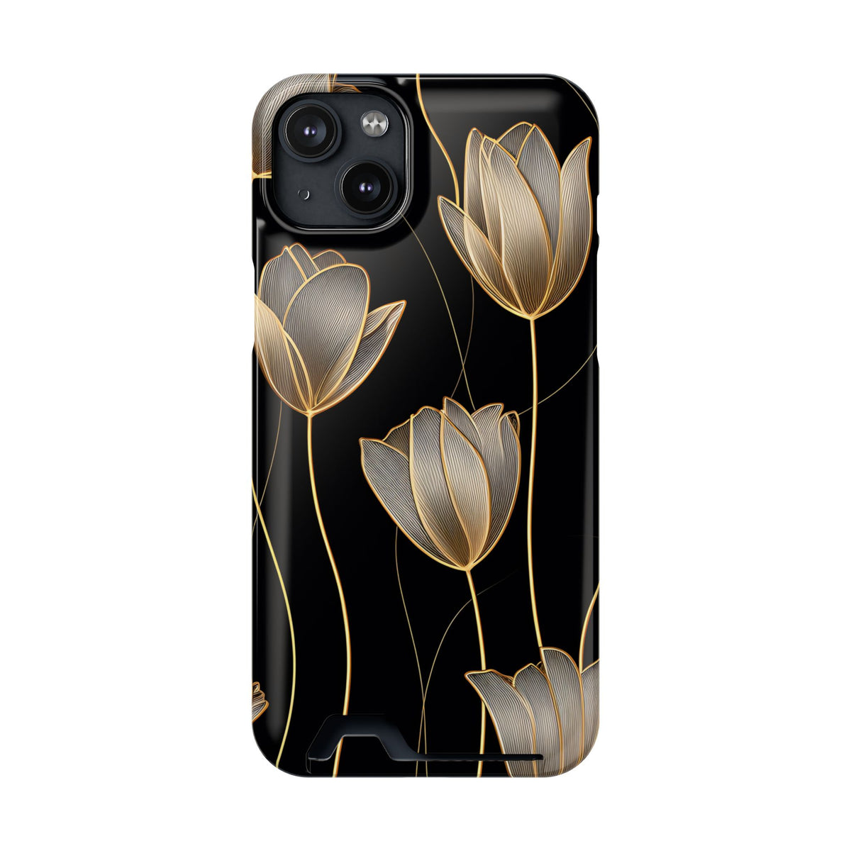 Golden Tulip phone case with card holder for iPhone 14 Plus, glossy finish