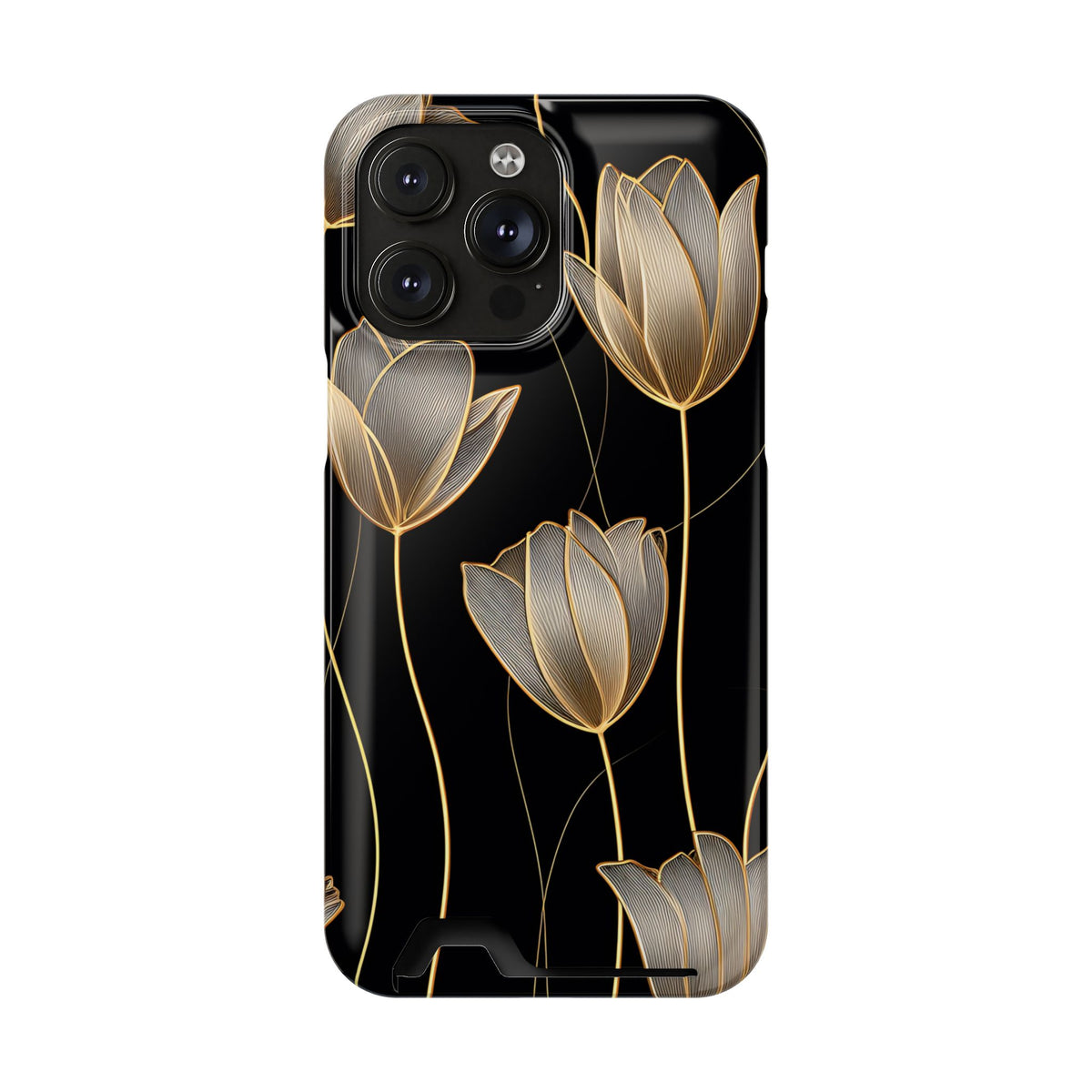 Golden Tulip phone case with card holder for iPhone 14 Pro Max, glossy finish