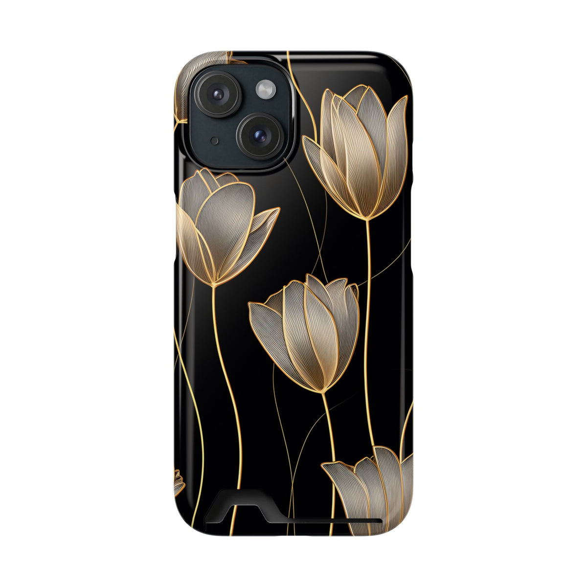 Golden Tulip phone case with card holder for iPhone 15, glossy finish