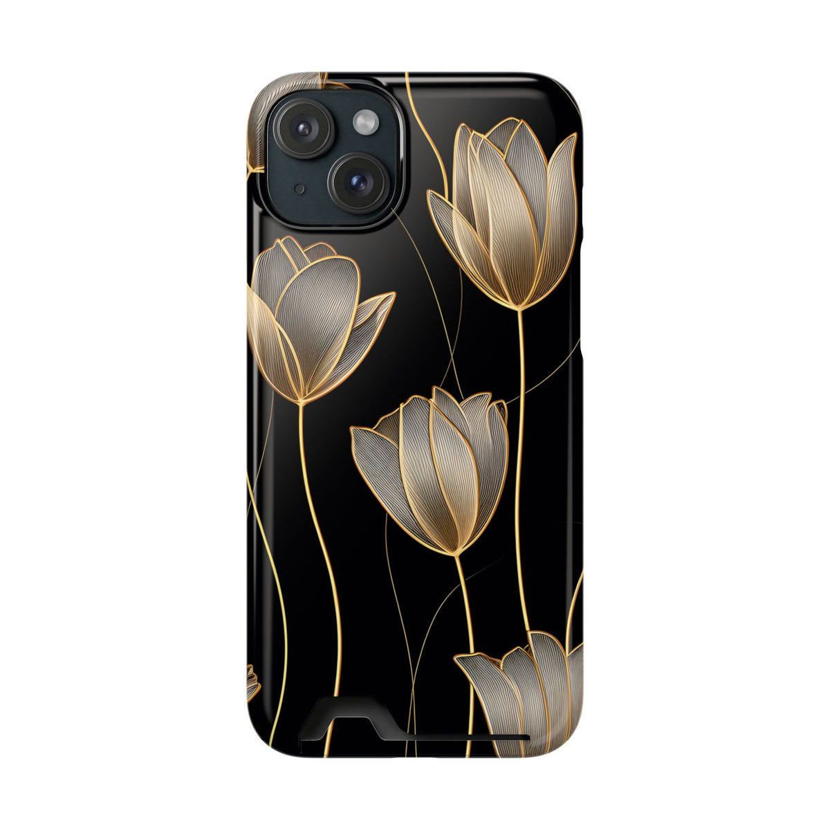 Golden Tulip phone case with card holder for iPhone 15 Plus, glossy finish