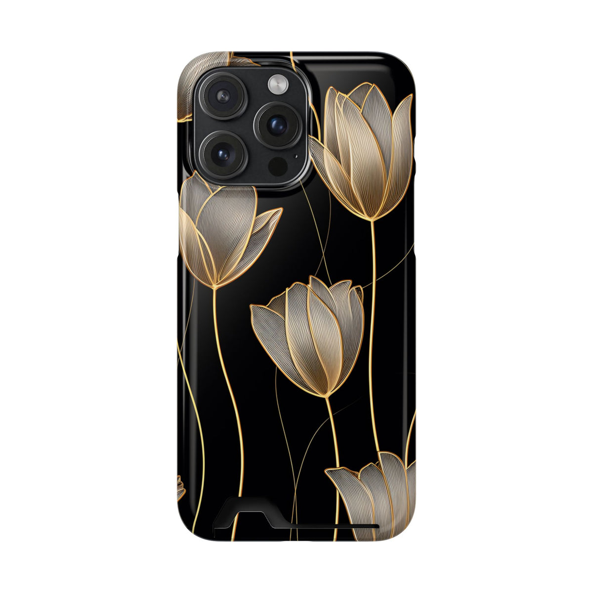 Golden Tulip phone case with card holder for iPhone 15 Pro Max, glossy finish