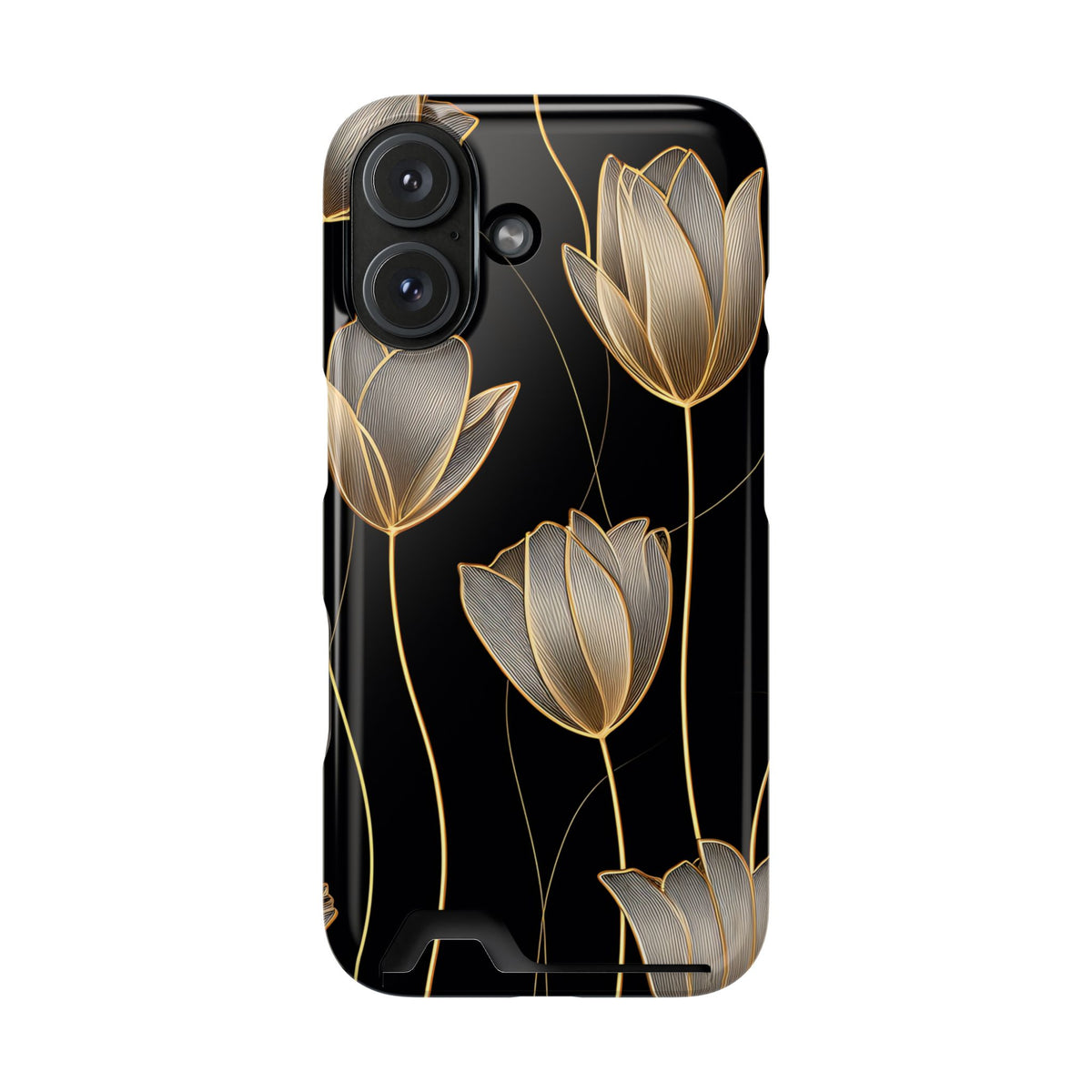 Golden Tulip phone case with card holder for iPhone 16, glossy finish