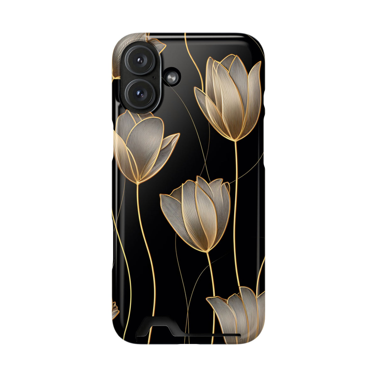 Golden Tulip phone case with card holder for iPhone 16 Plus, glossy finish