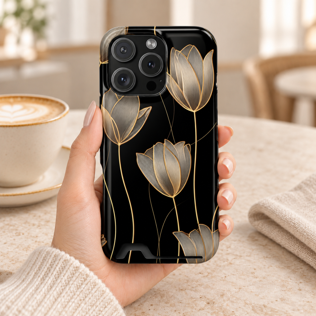 Golden Tulip phone case with card holder, golden line-art tulips on black, lifestyle photo in hand with coffee