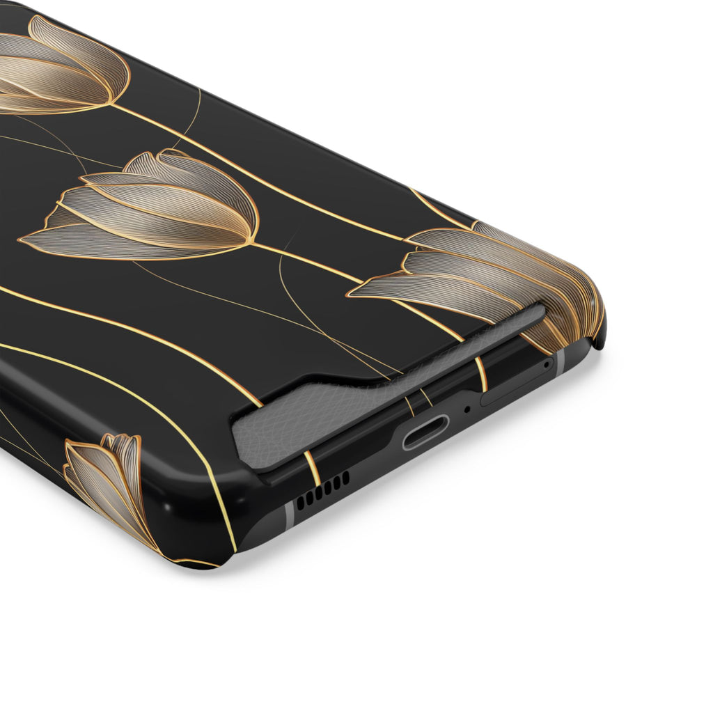 Golden Tulip phone case with card holder, close-up of the card slot