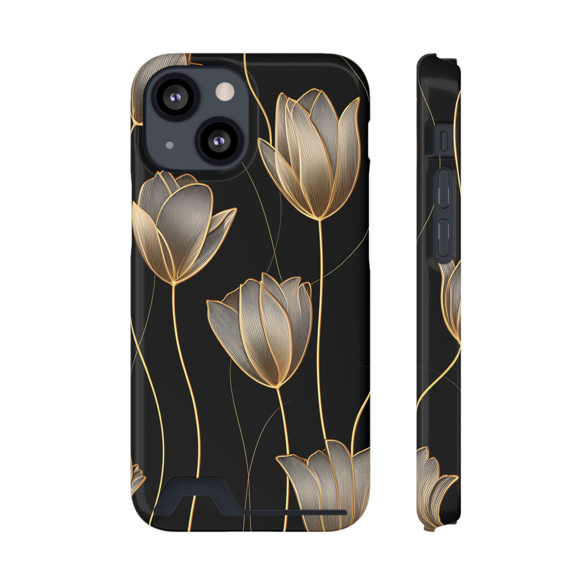 Golden Tulip phone case with card holder for iPhone 13 Mini, glossy finish