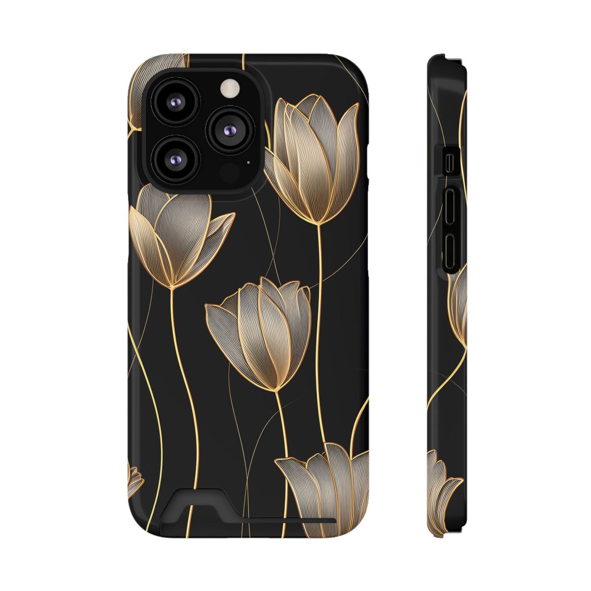 Golden Tulip phone case with card holder for iPhone 13 Pro, glossy finish