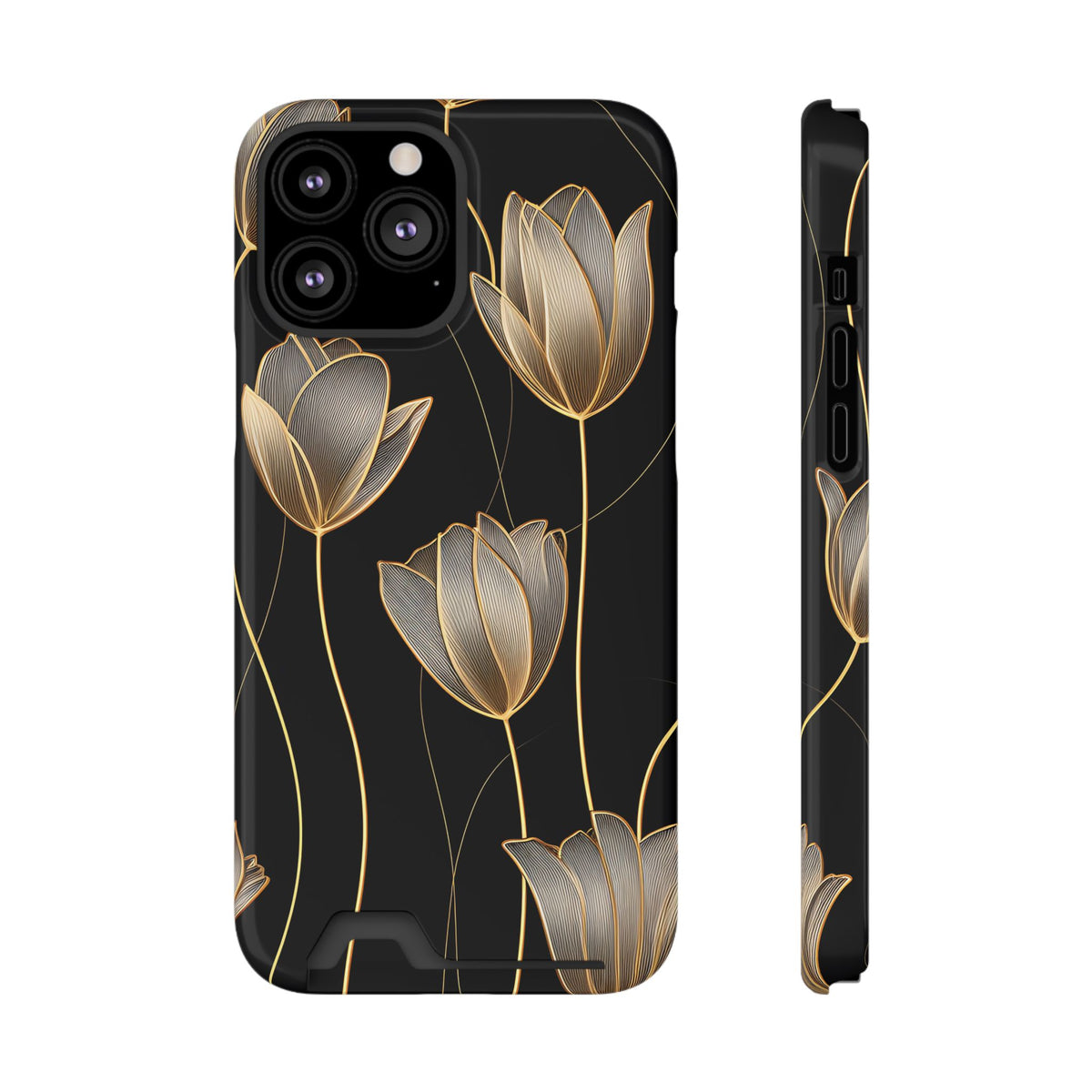 Golden Tulip phone case with card holder for iPhone 13 Pro Max, glossy finish