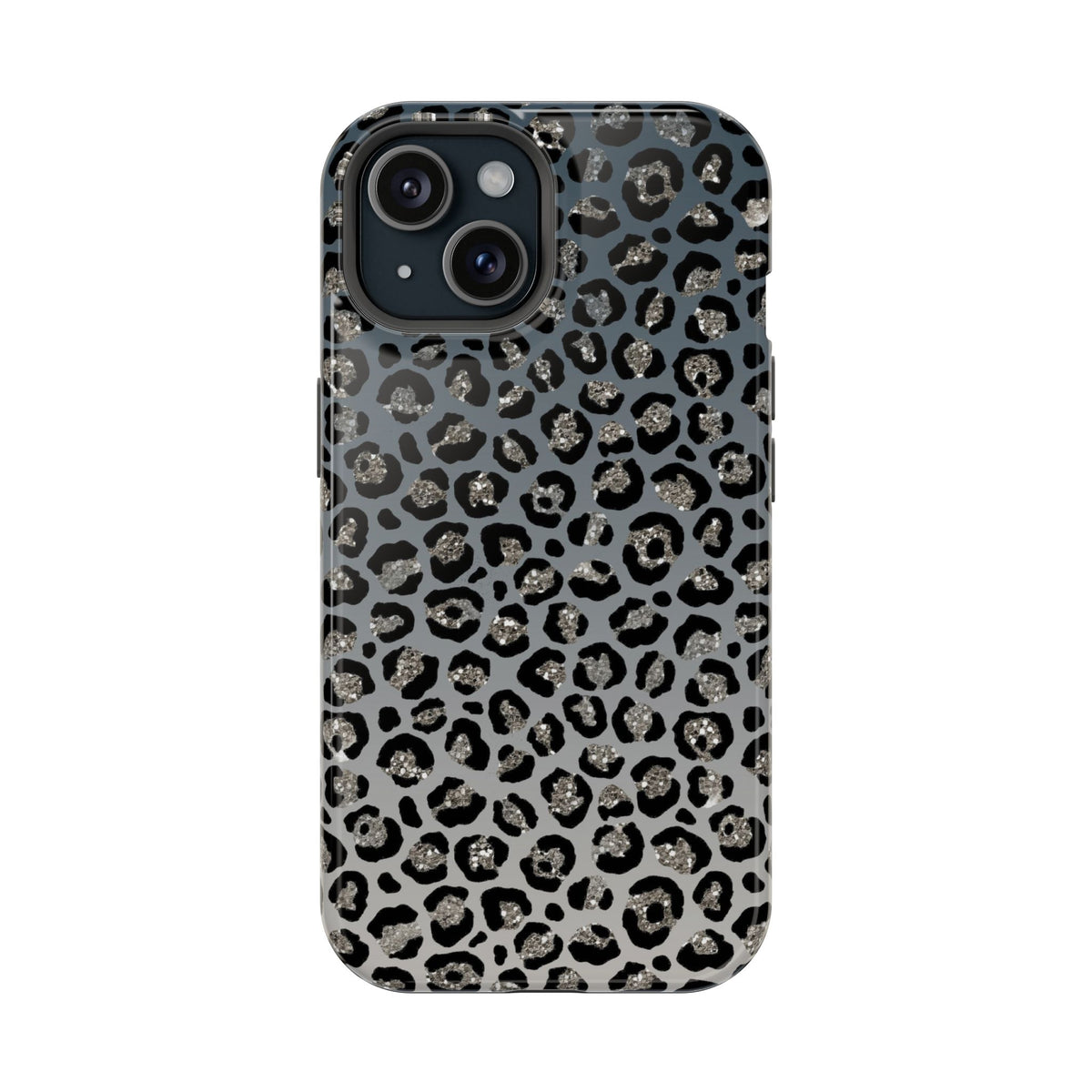 Gray Leopard protective phone case for iPhone 15, glossy finish