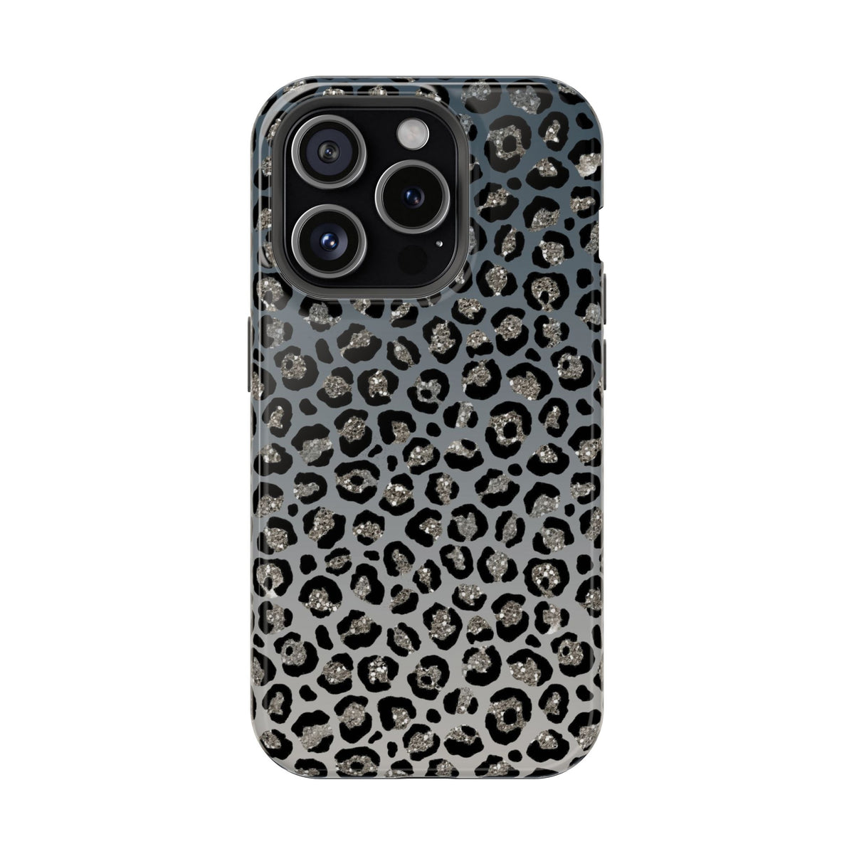 Gray Leopard protective phone case for iPhone 15 Pro, glossy finish