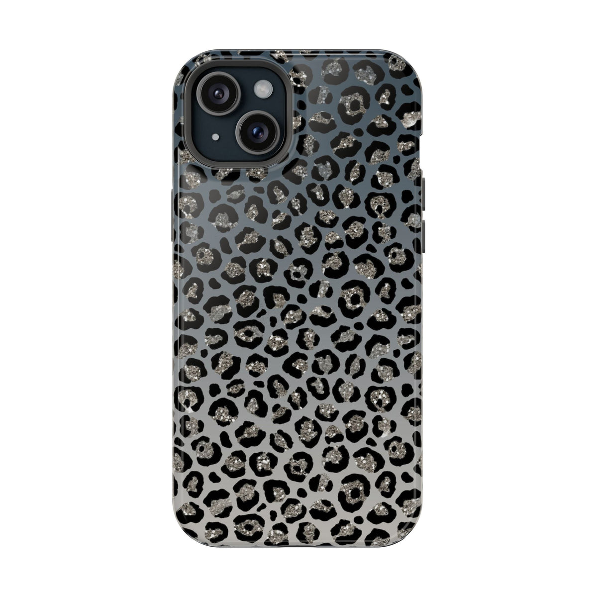 Gray Leopard protective phone case for iPhone 15 Plus, glossy finish