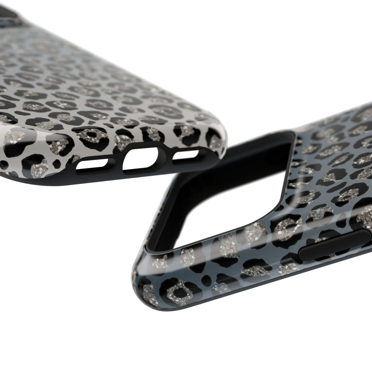 Gray Leopard protective phone case, close-up at an angle