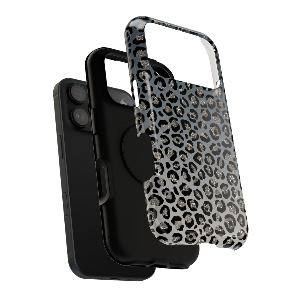 Gray Leopard protective phone case, close-up of the dual-layer construction
