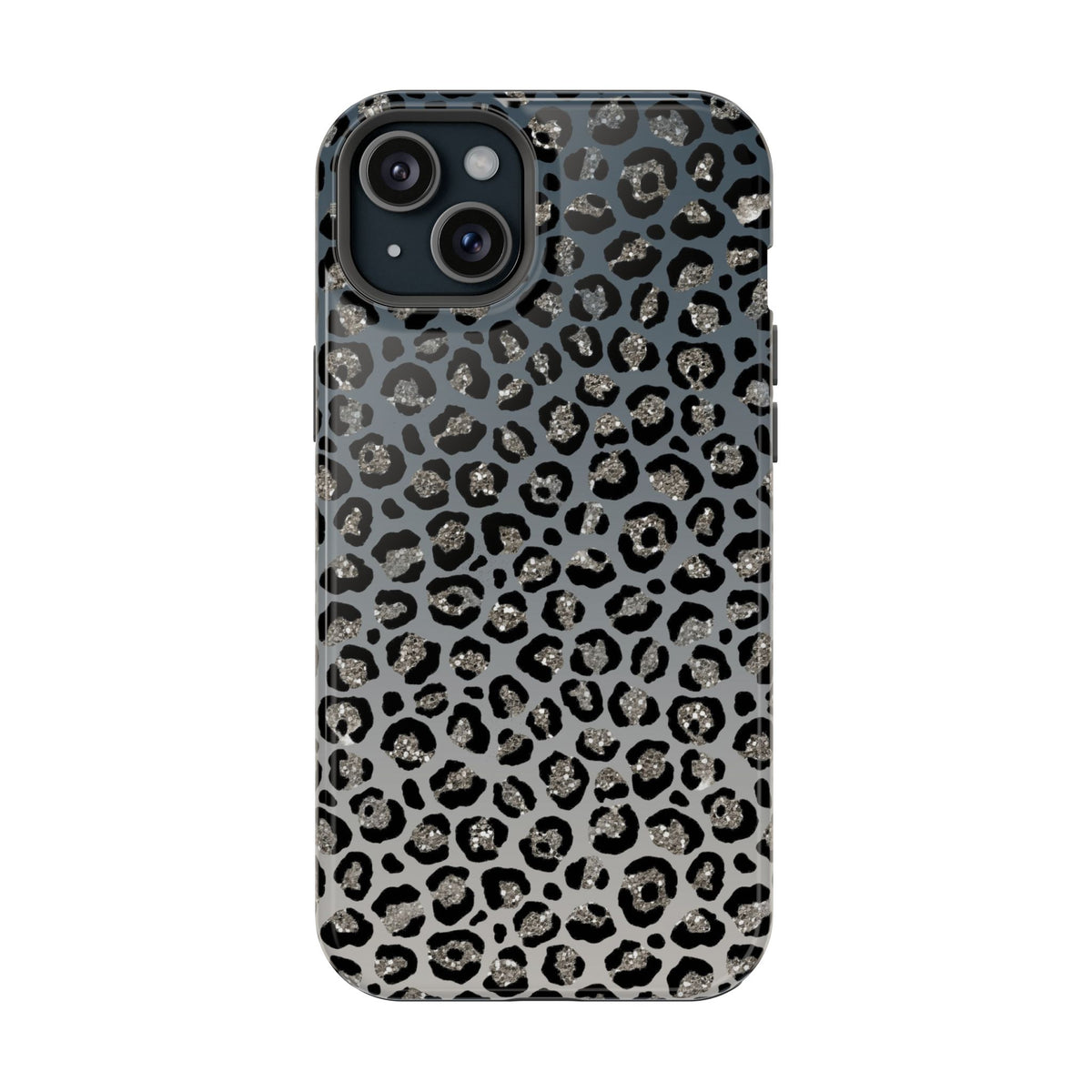 Gray Leopard MagSafe case for iPhone 15 Plus, glossy finish
