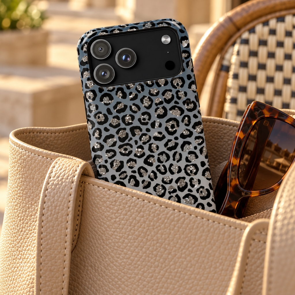 Gray Leopard MagSafe case, black leopard spots on soft gray, lifestyle photo in a handbag