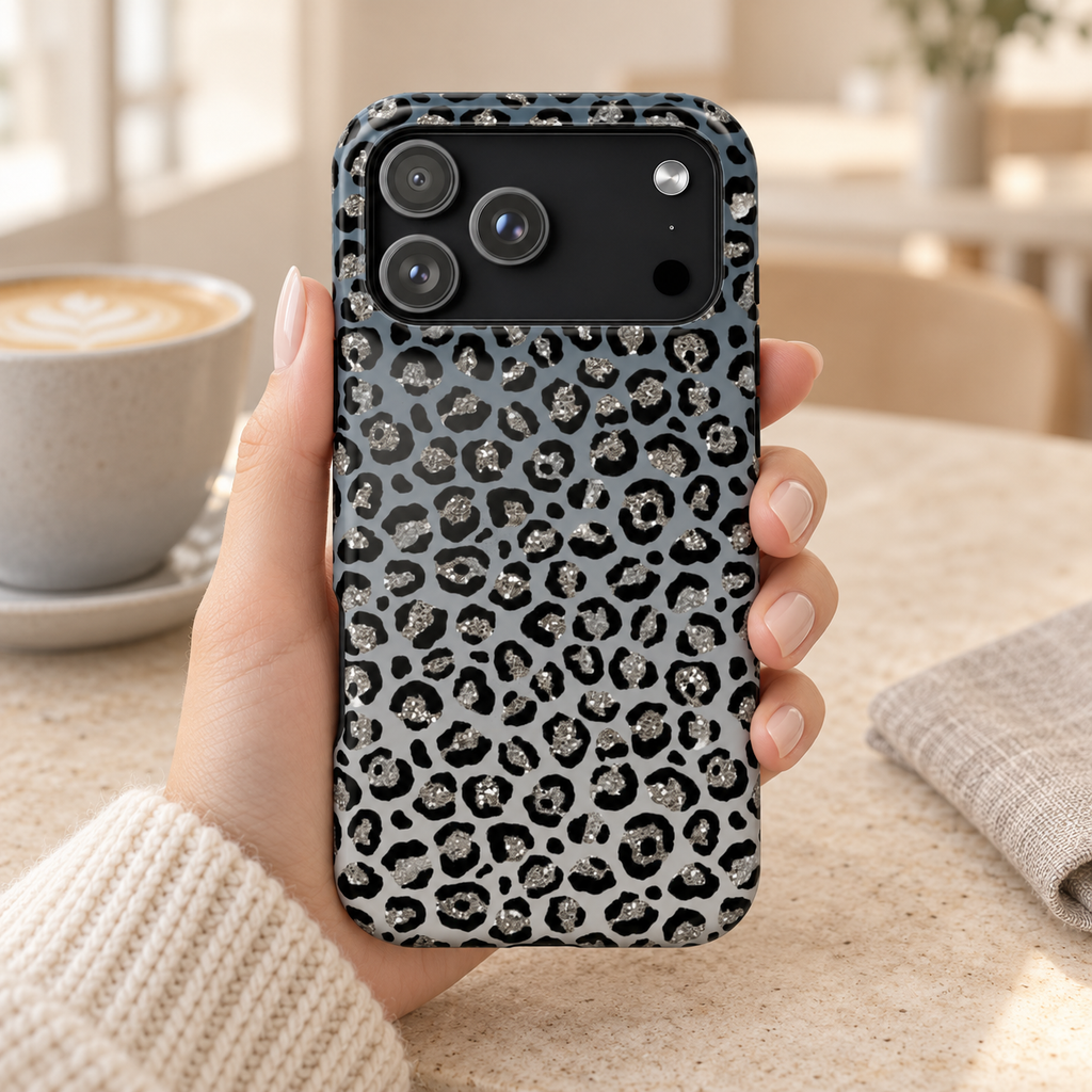 Gray Leopard MagSafe case, black leopard spots on soft gray, lifestyle photo in hand with coffee